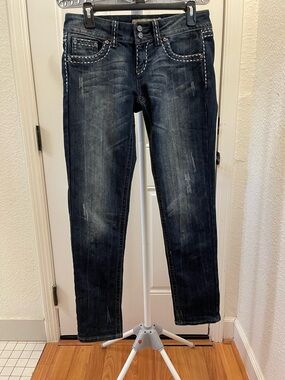 Vanilla Star Dark Blue Distressed Skinny Jeans with Contrast Stitching